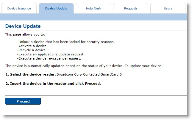 Device Update tab of CMS Operator portal with a smart card reader selected in step 1 and instructions to insert the device and click the Proceed button in step 2